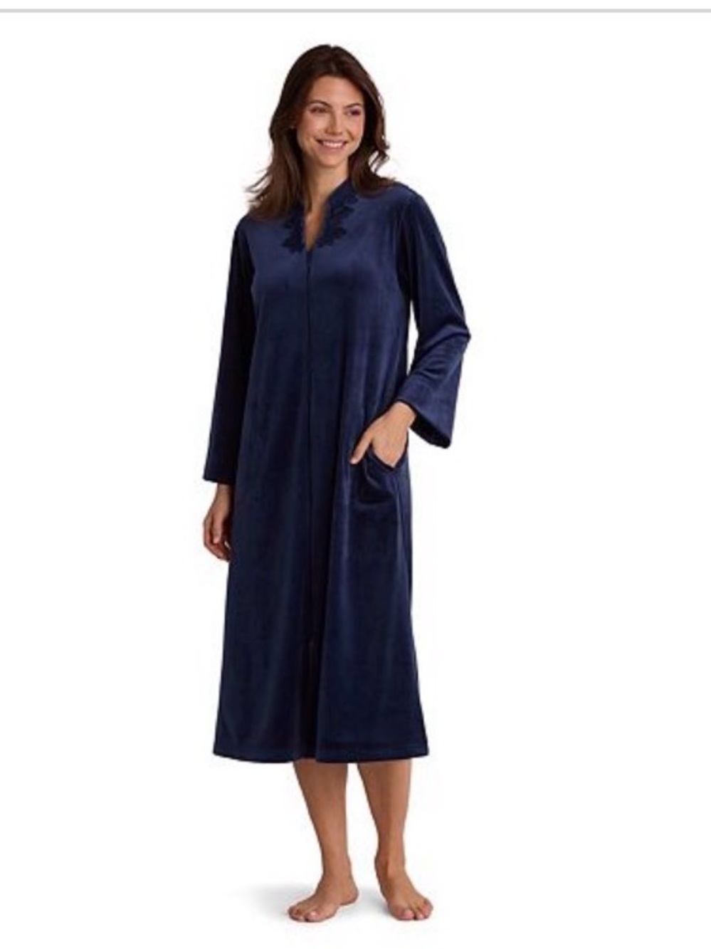 Miss Elaine Navy Plush Long Zip-Up Robe